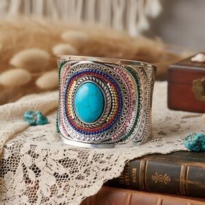 Boho Chic Trendy Turquoise Centerpiece Wide Silver Beaded Cuff Bracelet